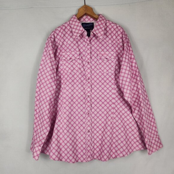 Wrangler Pearl Snap Shirt Women's 3XL Pink Breast Cancer Awarness Geometric - Picture 3 of 8